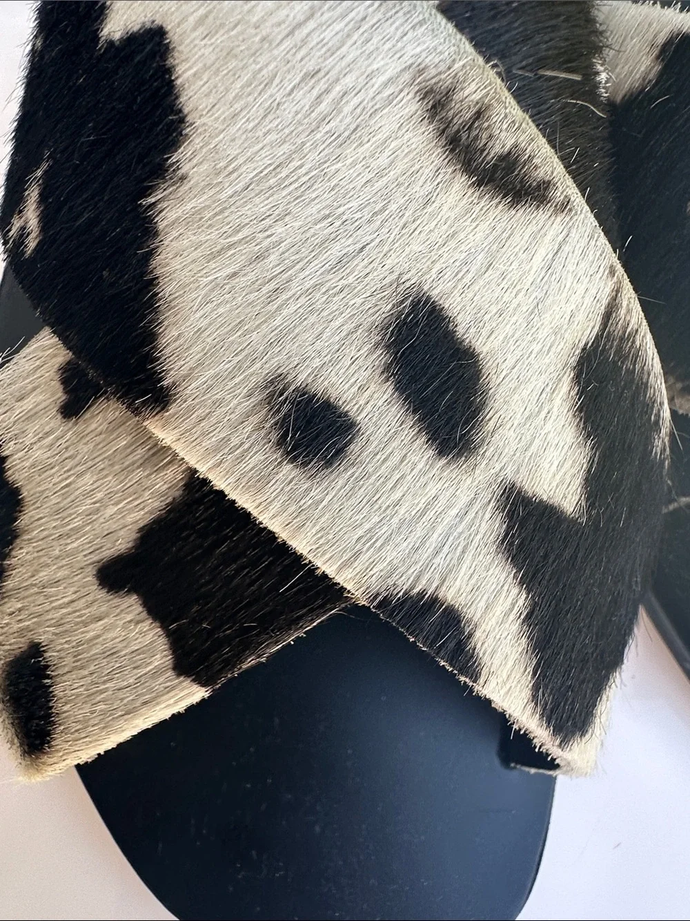 Seychelles Black and White Cowhide Crossband Slides